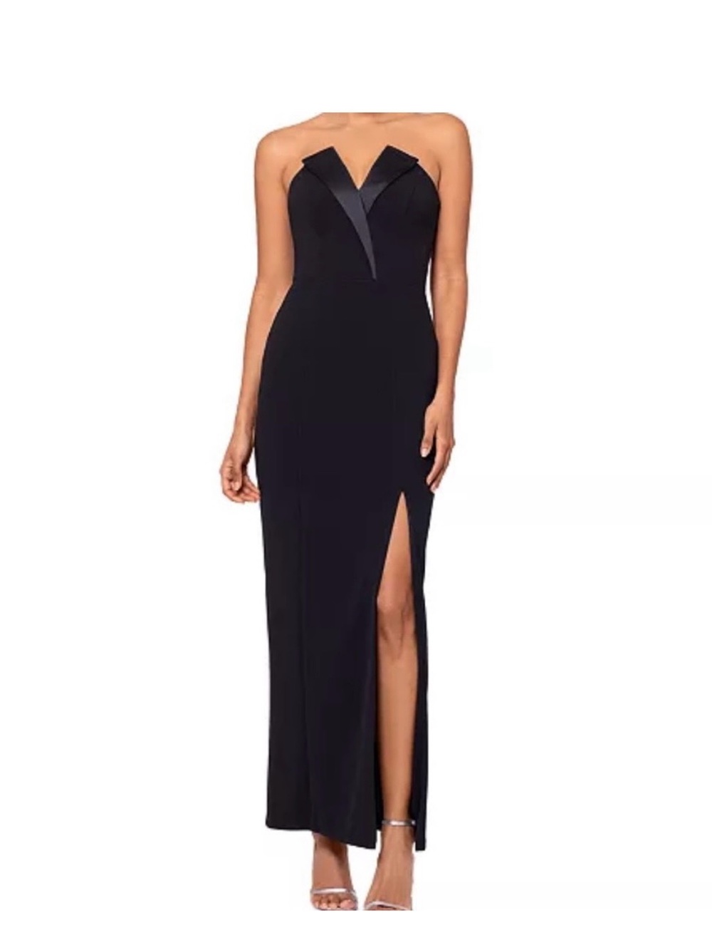 Betsy & Adam Black Strapless V-Notch Gown